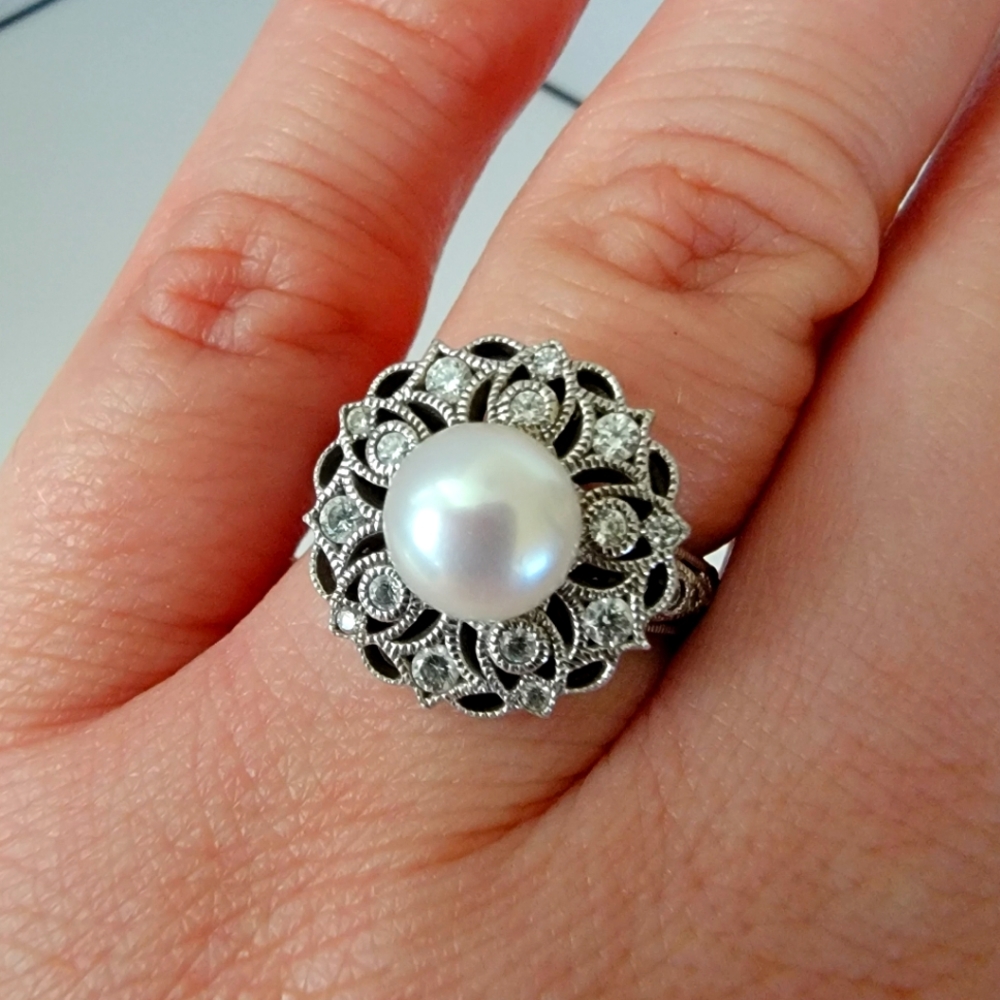 925 Sterling Silver Natural Pearl and CZ Ring